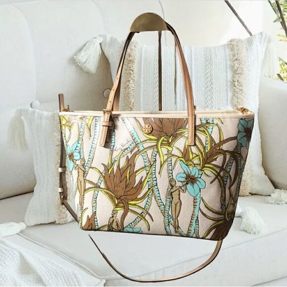 TORY BURCH NATURE PRINTED CANVAS TOTE FLOWERS PALMS BROWN TURQUOISE CREAM - Picture 1 of 12